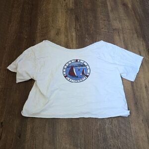 Brandy Melville Cropped White Graphic Tee with Sailboat Emblem